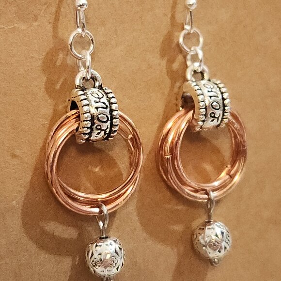 Artisan Crafted Bright Silver and Copper & Silver Spiral Chain Maile Earrings - Picture 9 of 10